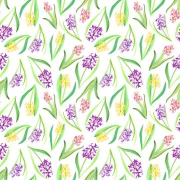 Seamless pattern of pink yellow purple Hyacinth flowers and leaves. Spring Stock Illustration