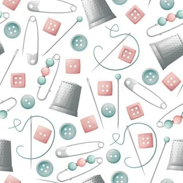 Seamless pattern with pins, thimble and buttons. Sewing atelier, needlework,  Stock Illustration
