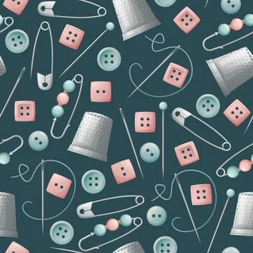 Seamless pattern with pins, thimble and buttons. Sewing atelier, needlework,  Stock Illustration