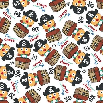 Seamless pattern of pirate bird has found the treasure in cartoon style. Pi.. Stockillustratie