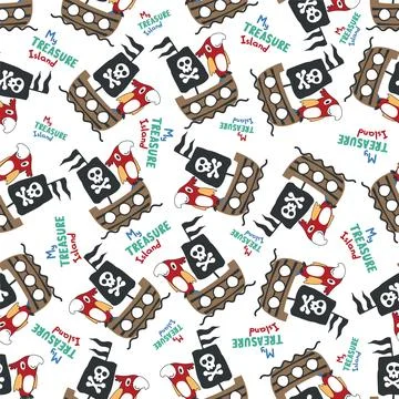 Seamless pattern of pirate bird has found the treasure in cartoon style. Pi.. Illustrazione stock