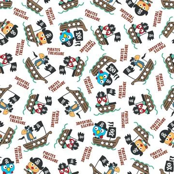 Seamless pattern of pirate bird has found the treasure in cartoon style. Pi.. Stock Illustration