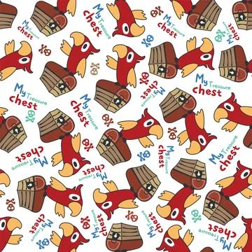 Seamless pattern of pirate bird has found the treasure in cartoon style. Pi.. 库存插图