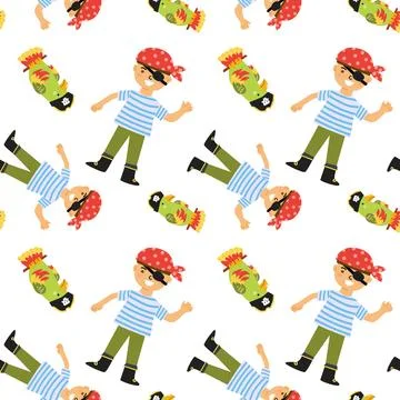 Seamless pattern of pirate boys and green pirate heads on white background Stock Illustration