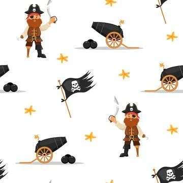 Seamless pattern with pirate cannon, flag and captain. Childish vector Stock Illustration