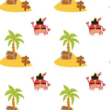 Seamless pattern with pirate crab, treasure chest, palm tree, and sandy islan 库存插图