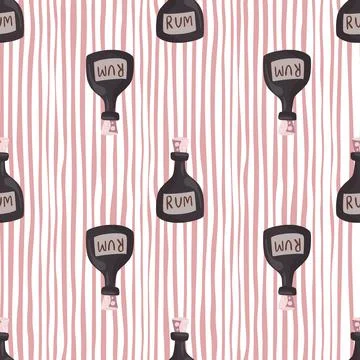 Seamless pattern with pirate drink rum bottle ornament. Striped background. Stock Illustration