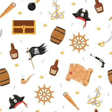 Seamless pattern with pirate flag, treasure and map. Childish vector 스톡 일러스트