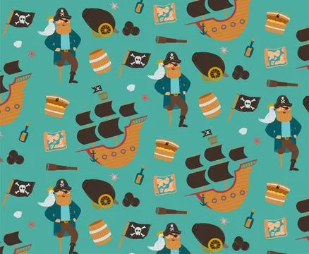 Seamless pattern with a pirate ship captain, treasure chest, ship, skull an.. Stock Illustration