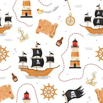 Seamless pattern with pirate ship, flag and map. Childish vector illustration in Illustrazione stock