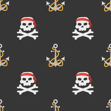 Seamless pattern with pirate skull and anchor on dark background. Childish Stock Illustration