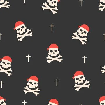 Seamless pattern with pirate skull on dark background. Childish vector Stock Illustration