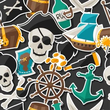 Seamless pattern on pirate theme with stickers and objects Stock Illustration
