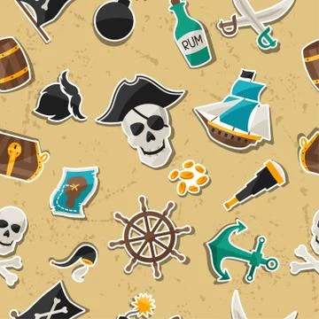 Seamless pattern on pirate theme with stickers and objects Stock Illustration