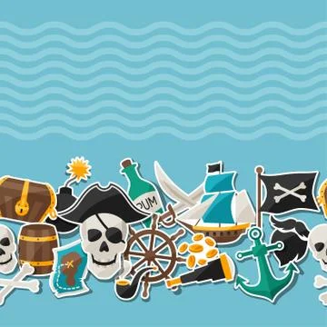 Seamless pattern on pirate theme with stickers and objects Stock Illustration