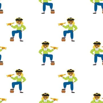 Seamless pattern of pirate-themed cartoon characters in colorful outfits with Illustrazione stock
