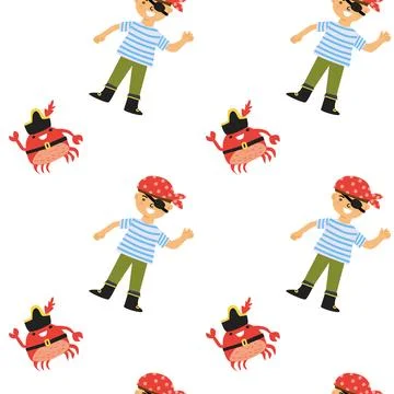 Seamless pattern of pirate-themed cartoon boy and crab on white background Stock Illustration