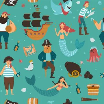 Seamless pattern with a pirates, ship captain, mermaids and marine inhabita.. Stock Illustration