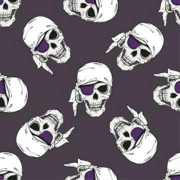 Seamless pattern with pirates skulls on dark background Stock Illustration