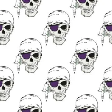 Seamless pattern with pirates skulls on white background Stock Illustration