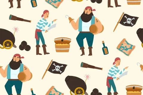 Seamless pattern with a pirates, treasure chest, barrel of rum and skull an.. Stock Illustration