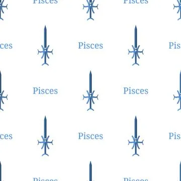 Seamless pattern with Pisces zodiac sword sign. Cartoon zodiacal weapon. Vector. Stock Illustration