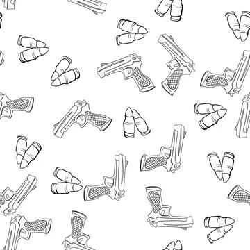 Seamless pattern with pistols and bullets. Vector doodles background Stock Illustration