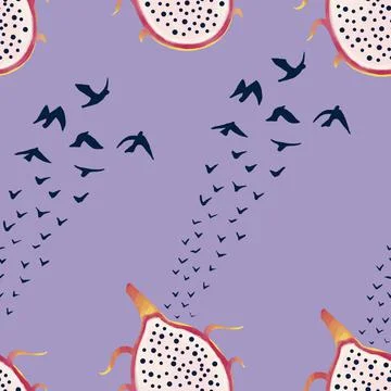Seamless pattern of pitahaya and birds digital drawing Stock Illustration