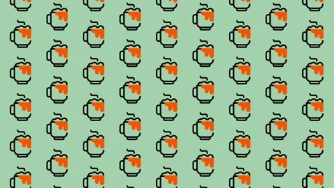 Seamless Pattern of Pixel Art Coffee Cups with Orange Swirls. Stock Footage 325391225