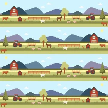Seamless pattern pixel art farm Stock Illustration