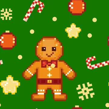 Seamless pattern   pixel art  gingerbread man Stock Illustration
