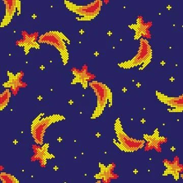 Seamless pattern with pixel comet and pixel star Stock Illustration