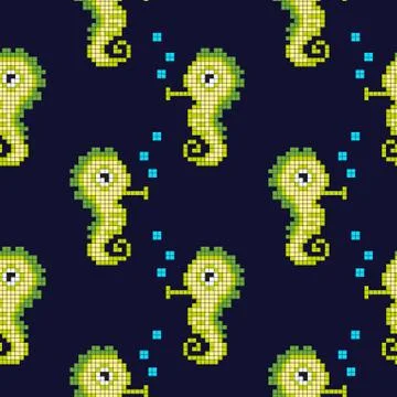 Seamless pattern with pixel fish horse Stock Illustration