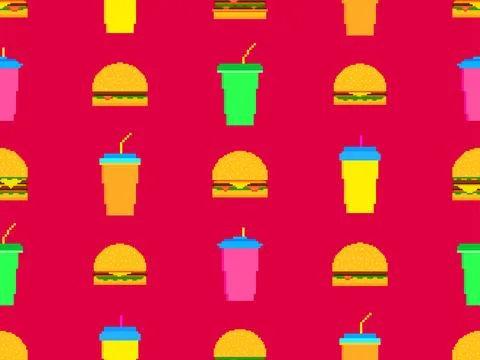 Seamless pattern with pixel hamburgers and soda. Paper cups with carbonated.. Illustrazione stock