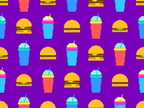 Seamless pattern with pixel hamburgers and soda. Paper cups with carbonated.. イラスト素材