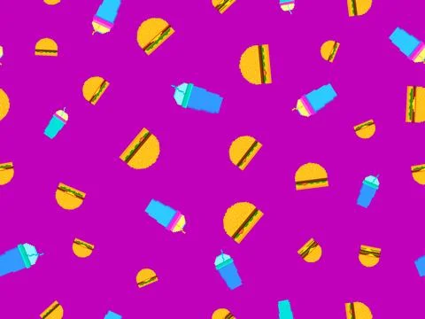 Seamless pattern with pixel hamburgers and soda. Paper cups with carbonated.. Illustrazione stock