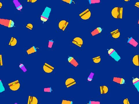Seamless pattern with pixel hamburgers and soda. Paper cups with carbonated.. Stock Illustration