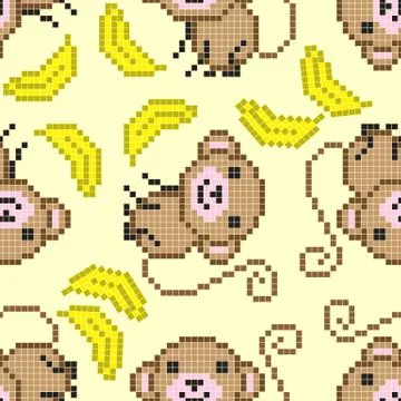 	Seamless pattern with pixel monkey and pixel banana イラスト素材