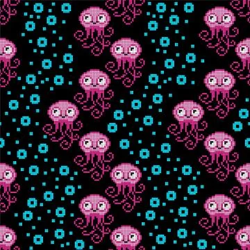 Seamless pattern with pixel octopus Stock Illustration