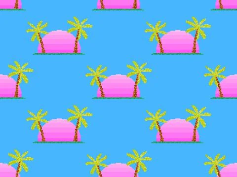 Seamless pattern with pixel palm trees at sunrise in 80s style. 8-bit sun syn Illustrazione stock