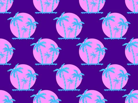 Seamless pattern with pixel palm trees at sunrise in 80s style. 8-bit sun syn Stock Illustration