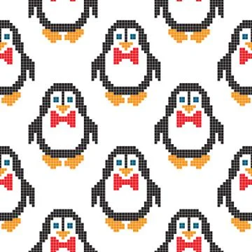 Seamless pattern with pixel penguin Stock Illustration