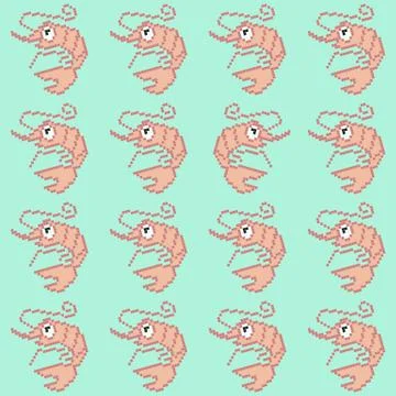 Seamless pattern with pixel shrimp Stock Illustration