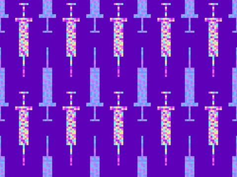 Seamless pattern with pixel syringes on a purple background. Syringes with va Stock Illustration