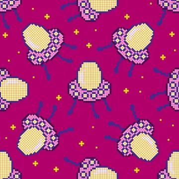 Seamless pattern with pixel ufo and pixel star Stock Illustration