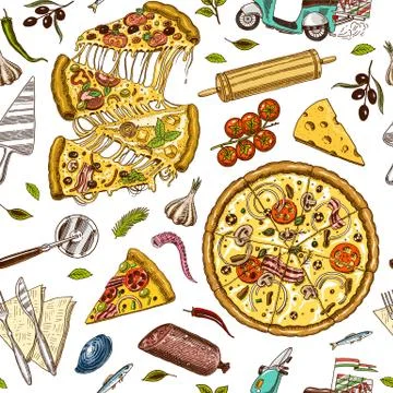 Seamless pattern pizza with cheese. Texture for background. Yummy italian Stock Illustration