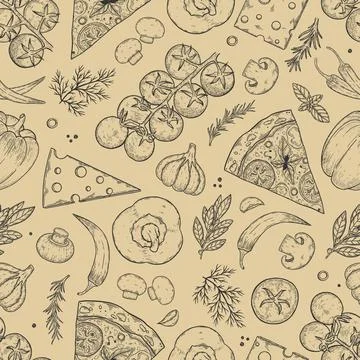 Seamless pattern pizza with cheese, tomato, garlic, basil, olive, pepper Stock Illustration
