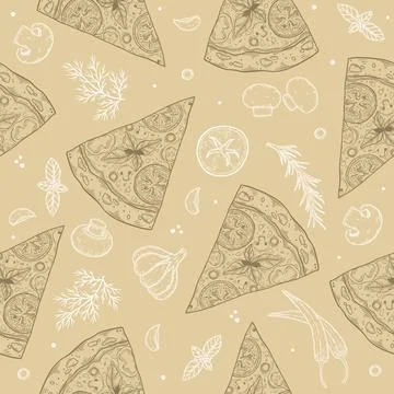 Seamless pattern pizza with cheese, tomato, garlic, basil, olive, pepper 스톡 일러스트