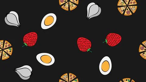 Seamless pattern pizza garlic strawberry eggs fast food delicious sweet fresh Stockillustratie