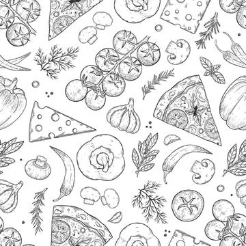 Seamless pattern. Pizza ingredients background. Tomato, garlic, basil, olive 스톡 일러스트